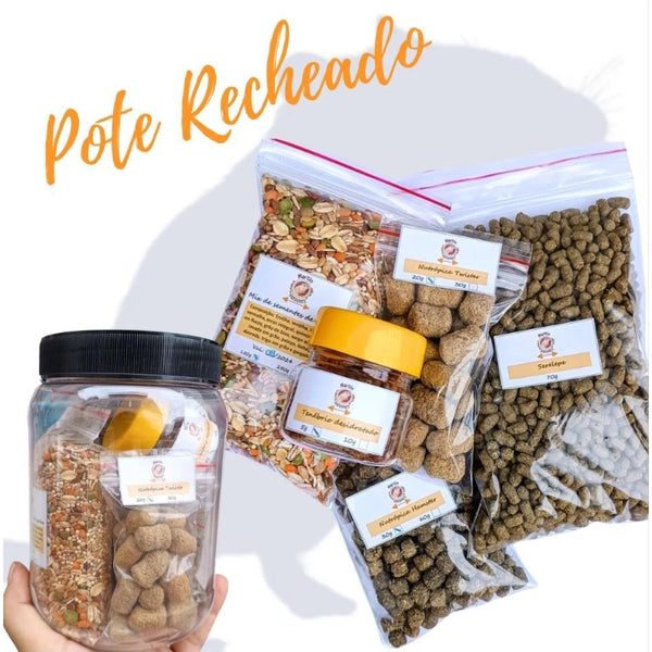 Pote recheado com kit alimentação para hamster, nutrópica Twister, hamster, serelepe, tenébrio desidratado e mix