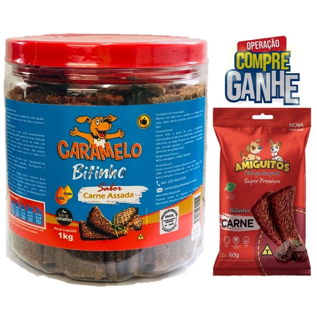 Bifinho Petiscos Caramelo para Cães Carne Assada 1 KG *BRINDE* 1 Sachê